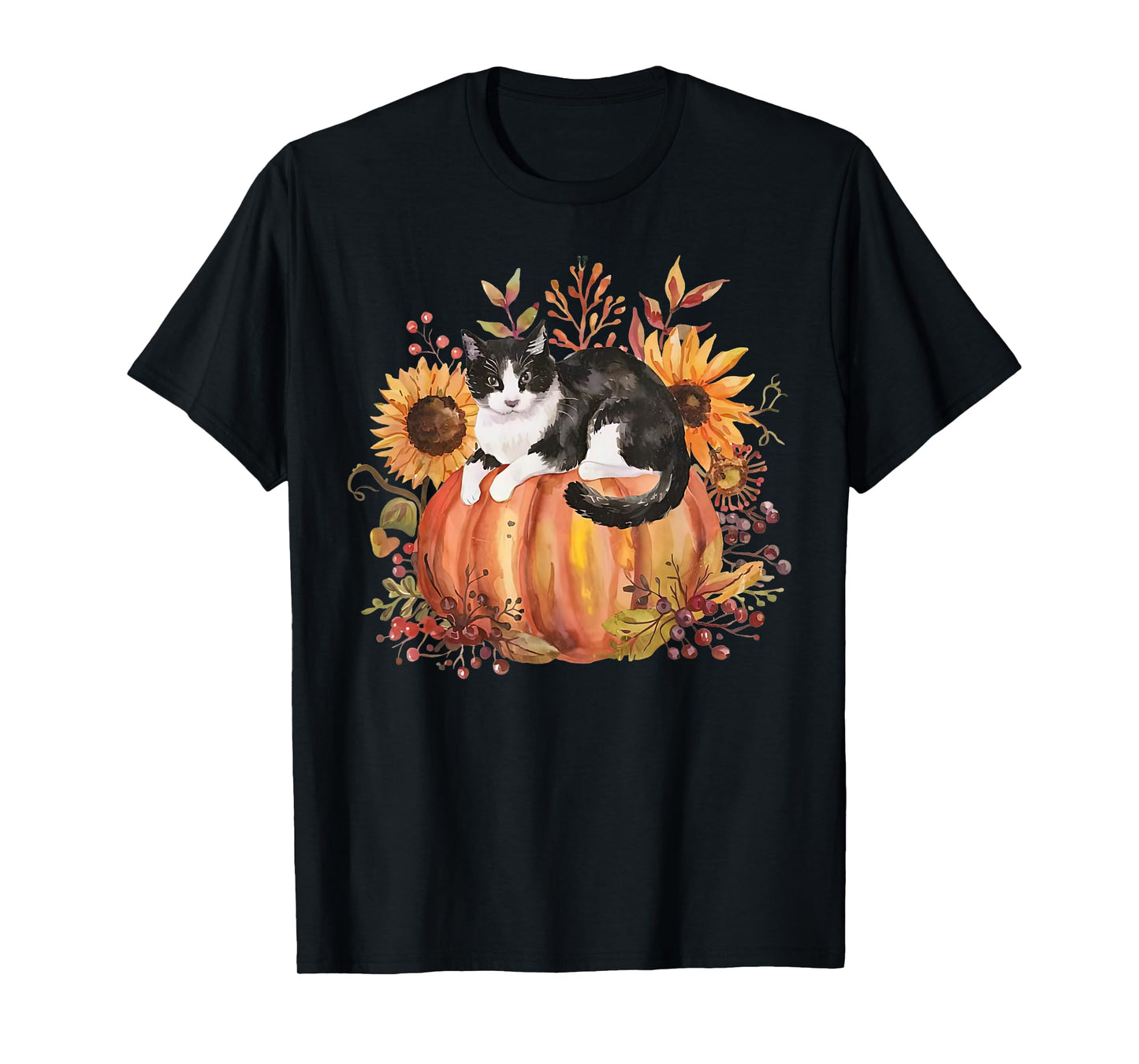 Fall Pumpkin Tuxedo Cat Sunflower Thanksgiving Spooky Season T-Shirt