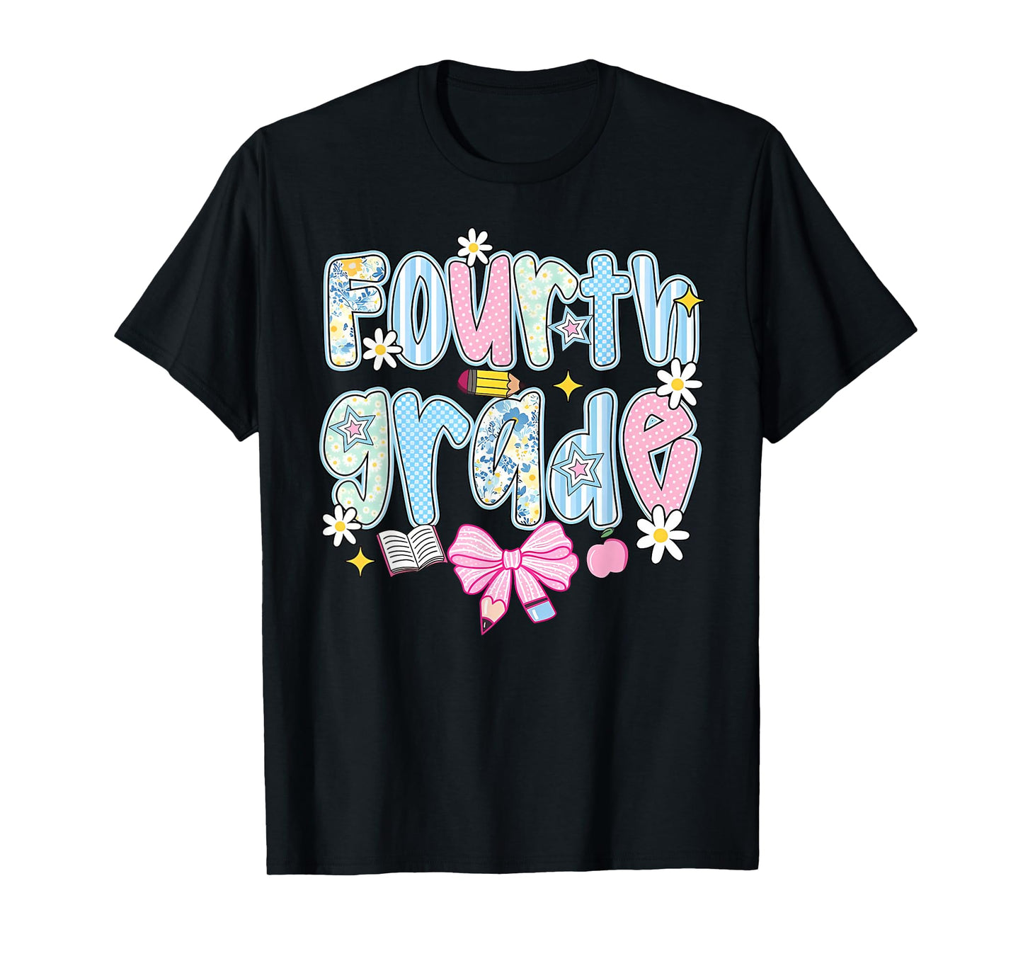 Preppy Fourth Grade Teacher Blue Floral Coquette Pencil Bow T-Shirt