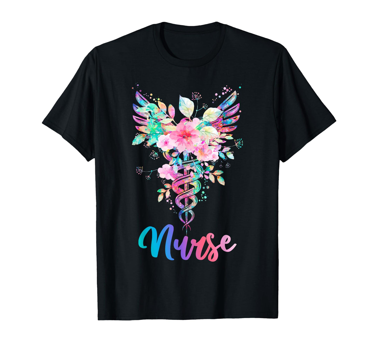 Nurse Watercolor Floral Caduceus T-Shirt