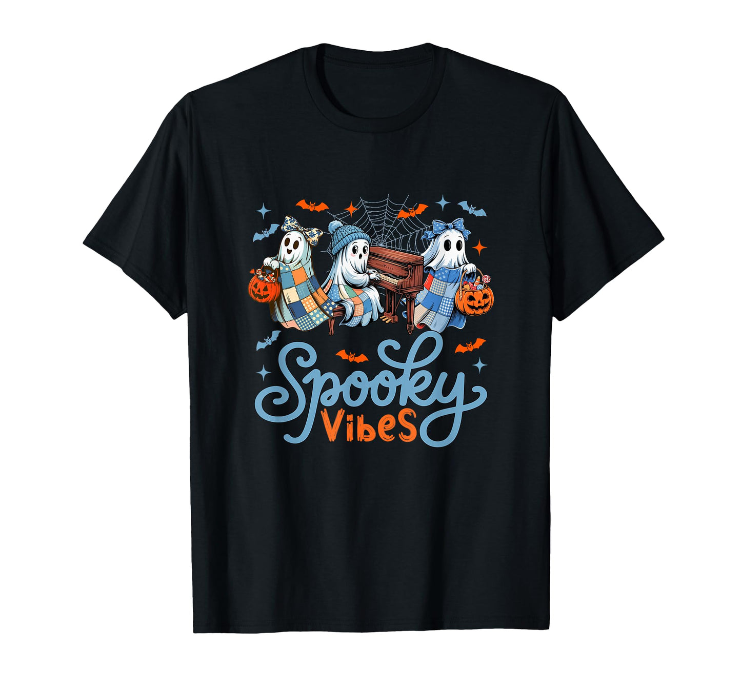 Spooky Funny Vibes Halloween Three Cute Boos Playing Piano T-Shirt