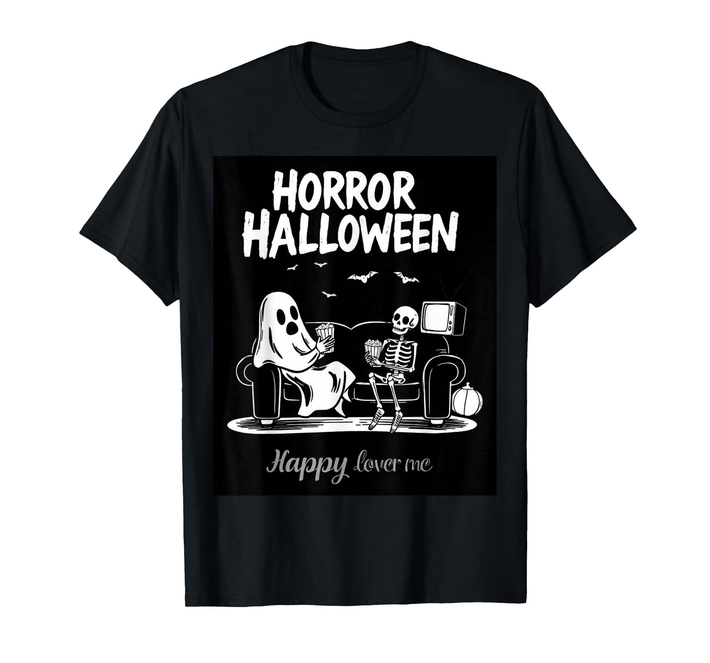 Funny Ghost and Skeleton Watching TV with Popcorn Halloween T-Shirt