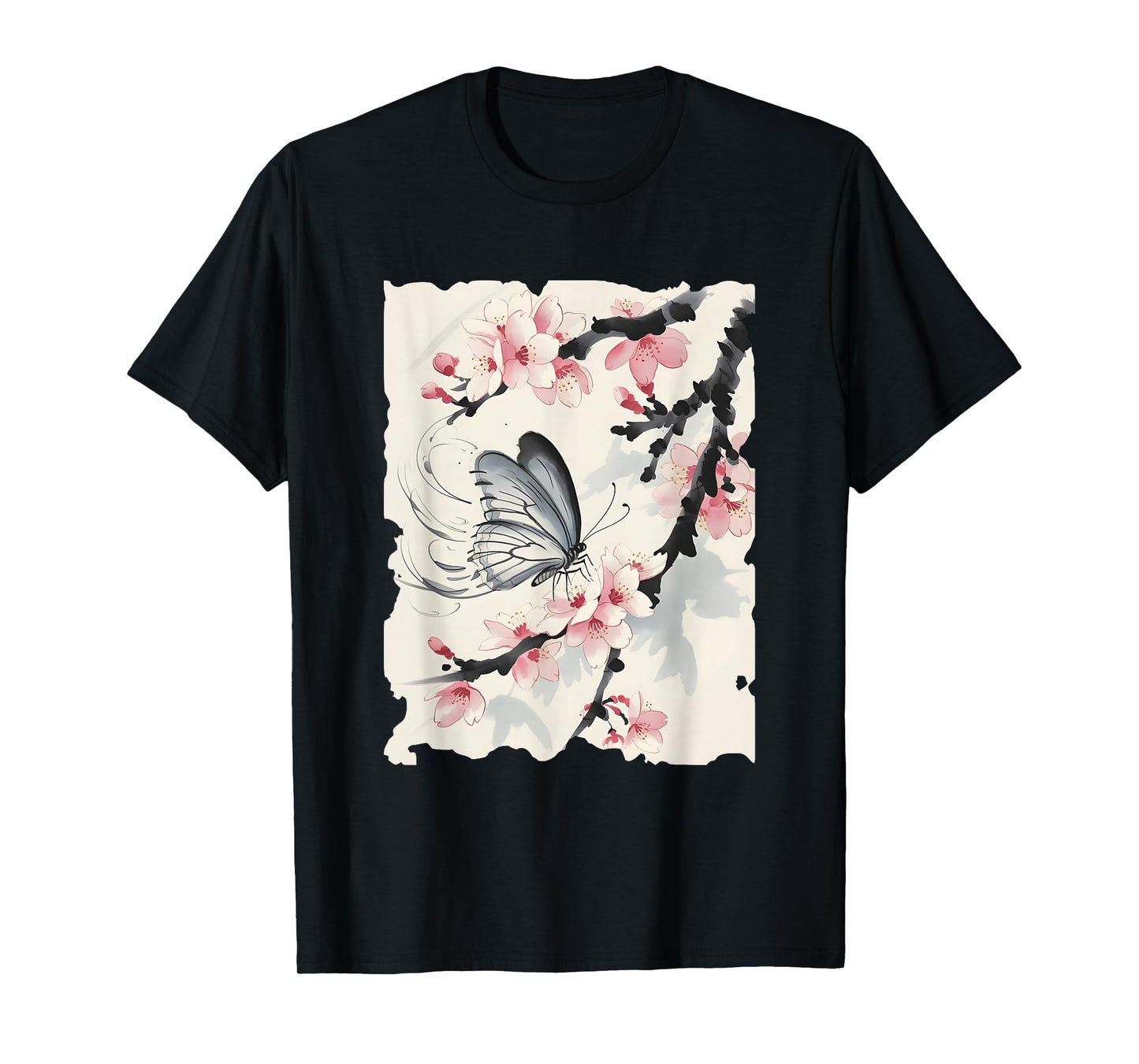 Butterfly Cherry Blossoms Japanese Art - Vintage Sumi-e T-Shirt