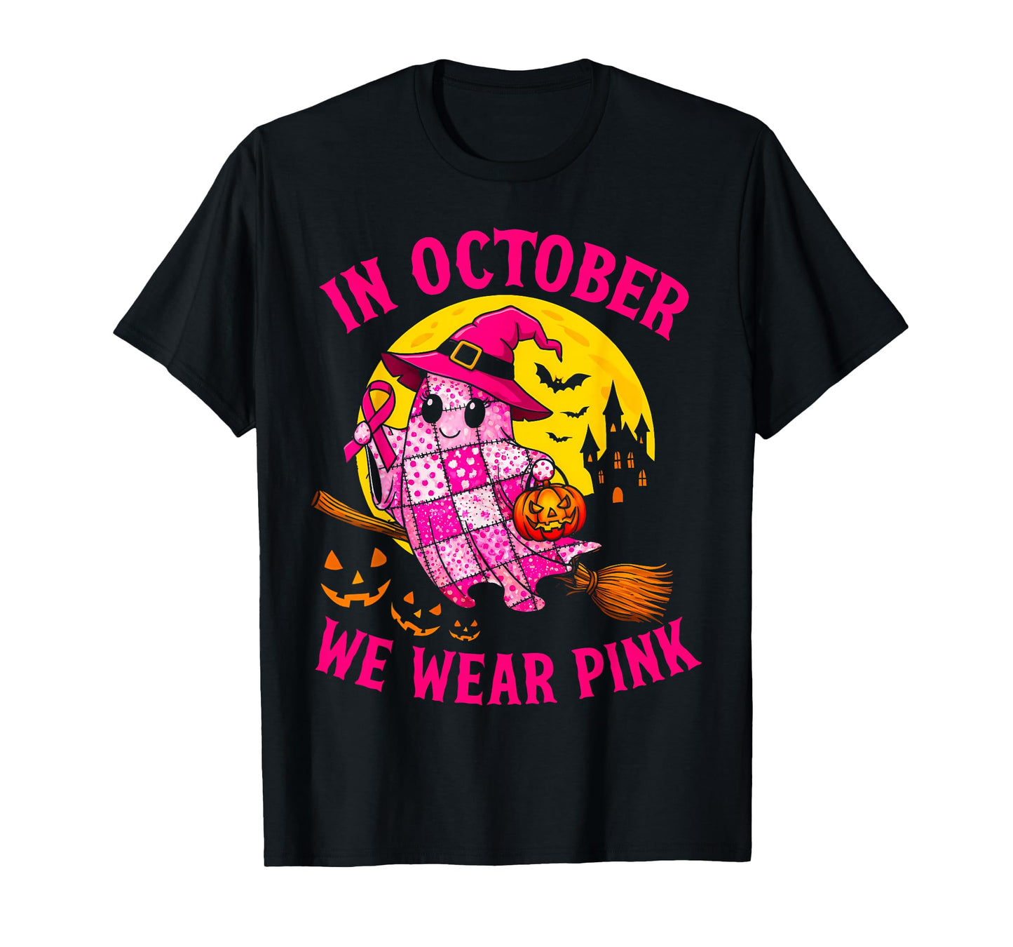 Breast Cancer Halloween Ghost Witch in October We Wear Pink T-Shirt