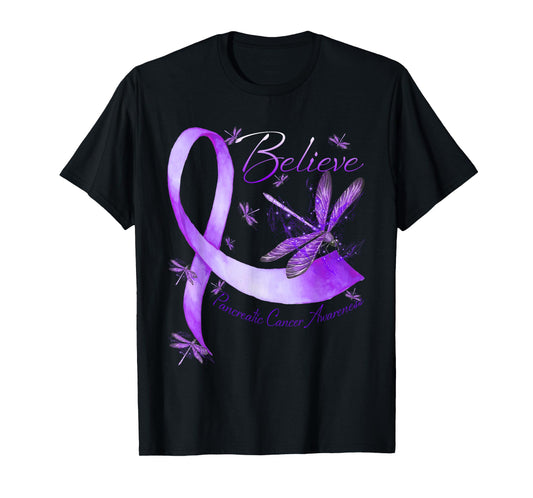 Believe Pancreatic Cancer Awareness Dragonfly Purple Ribbon T-Shirt