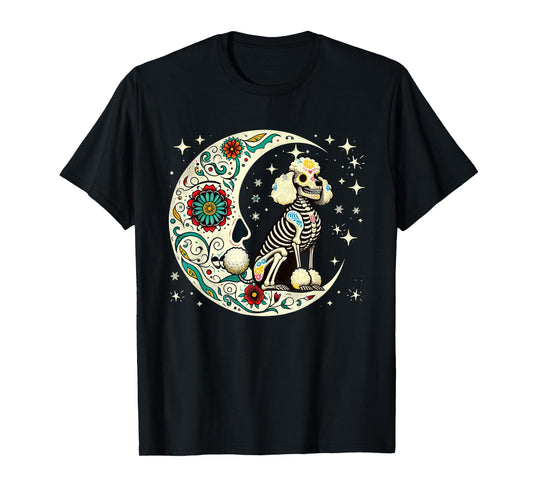 Dia De Los Muertos Halloween Moon Floral Skeleton Poodle T-Shirt
