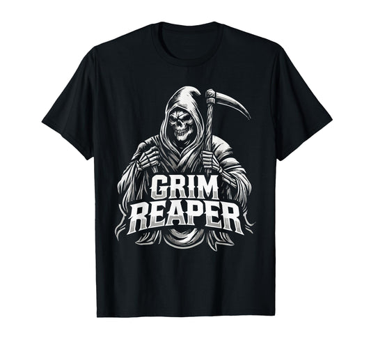 Grim Reaper Hooded Skeleton Scythe Design T-Shirt