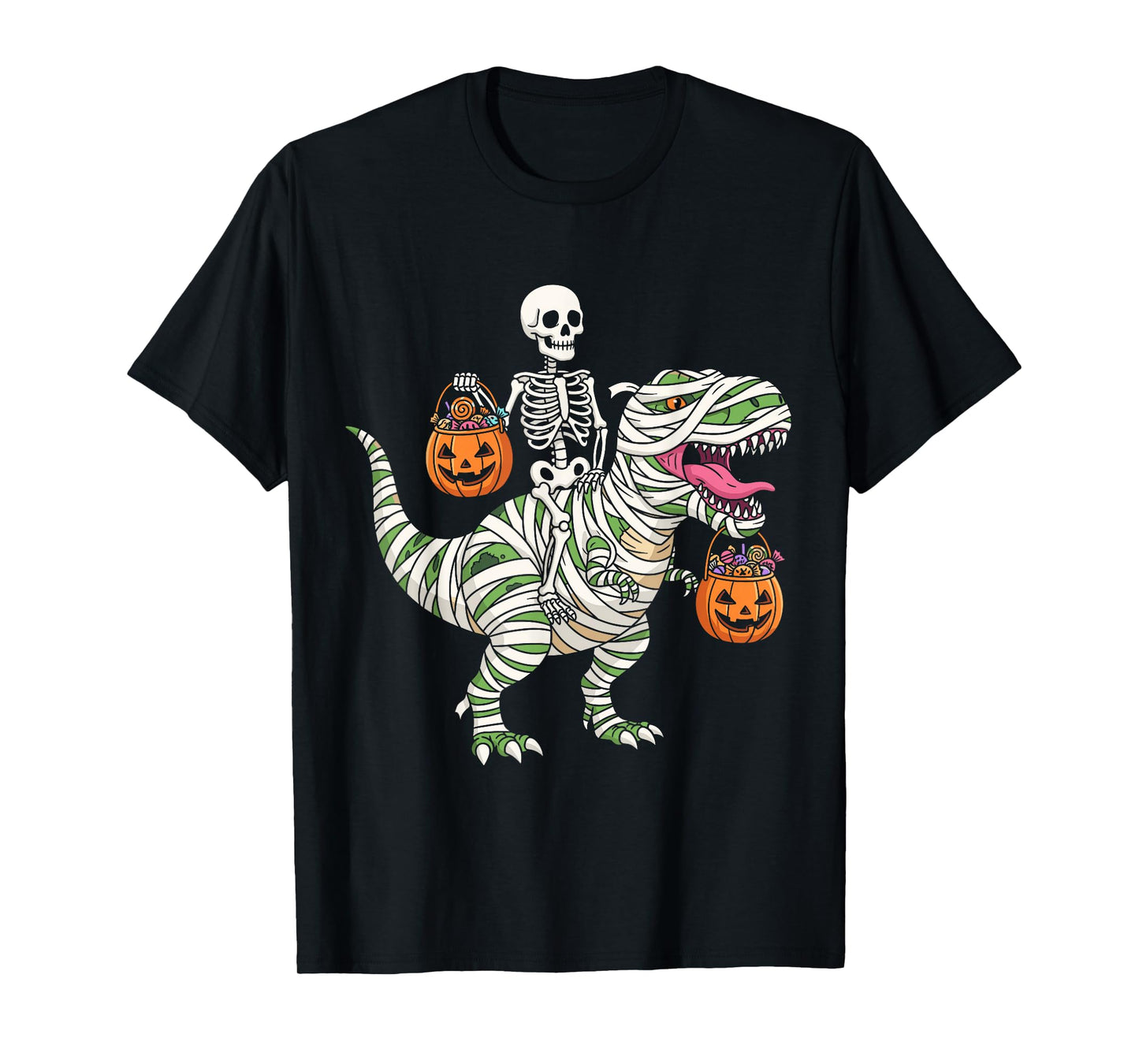 Skeleton Riding Mummy Dinosaur T-Rex Funny Halloween Pumpkin T-Shirt