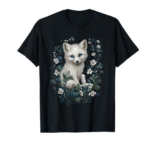 Arctic Fox Surrounded By Delicate Flowers T-Shirt