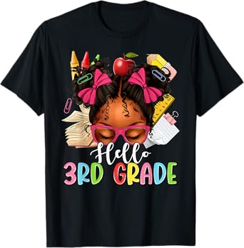 Hello Third Grade Back To School Messy Bun Afro Girl Kids T-Shirt