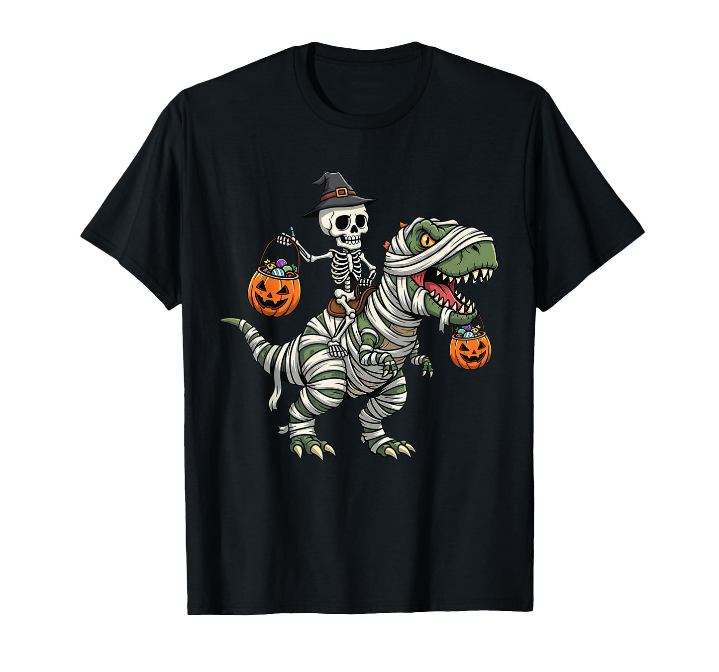 Mummy Skeleton Riding Dinosaur T Rex Kids Boys Men Halloween T-Shirt