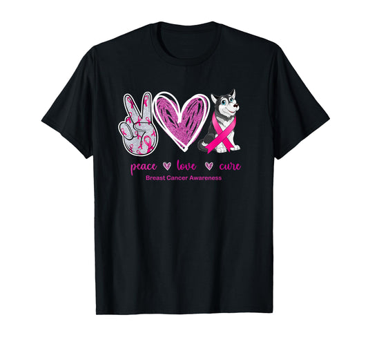 Peace Love Cure Husky Dog Breast Cancer Awareness T-Shirt for Men Women