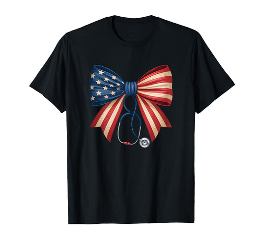 American Flag Bow Stethoscope 4th of July Nurse Pride T-Shirt