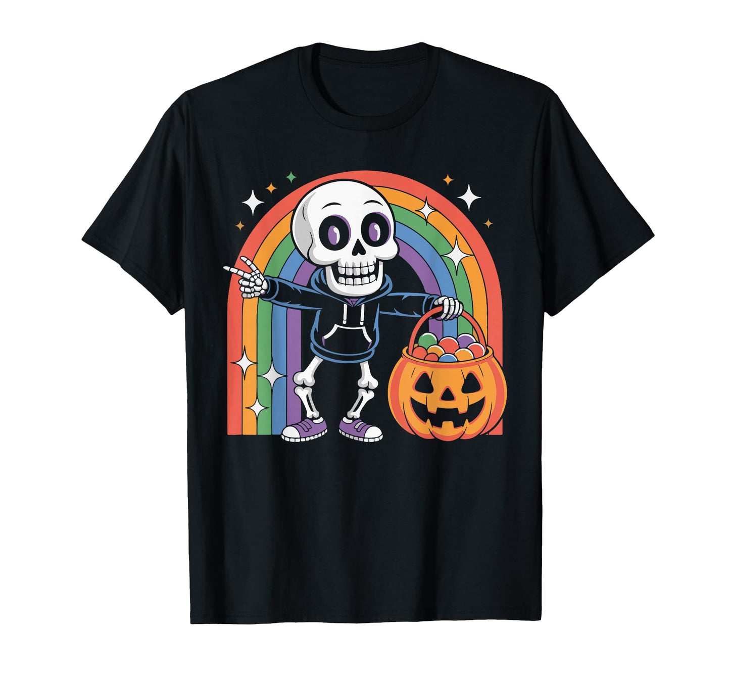 Rainbow Skeleton Pumpkin Candy Trick or Treat Halloween Fun T-Shirt