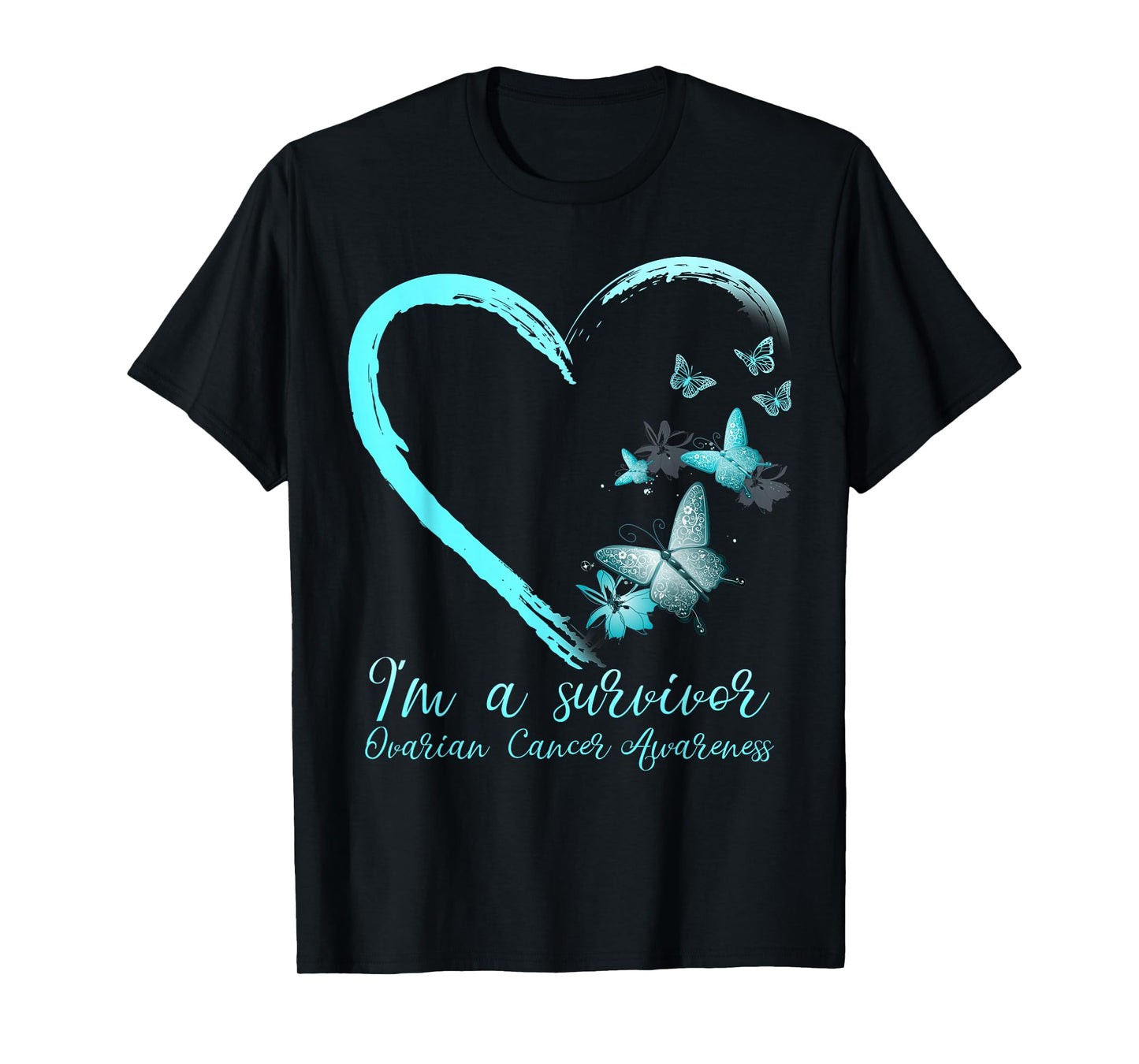 Teal Butterfly Heart Survivor Ovarian Cancer Awareness Tee T-Shirt