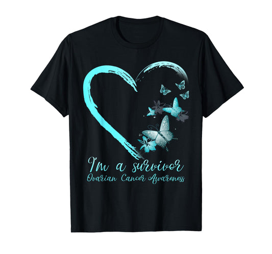 Teal Butterfly Heart Survivor Ovarian Cancer Awareness Tee T-Shirt