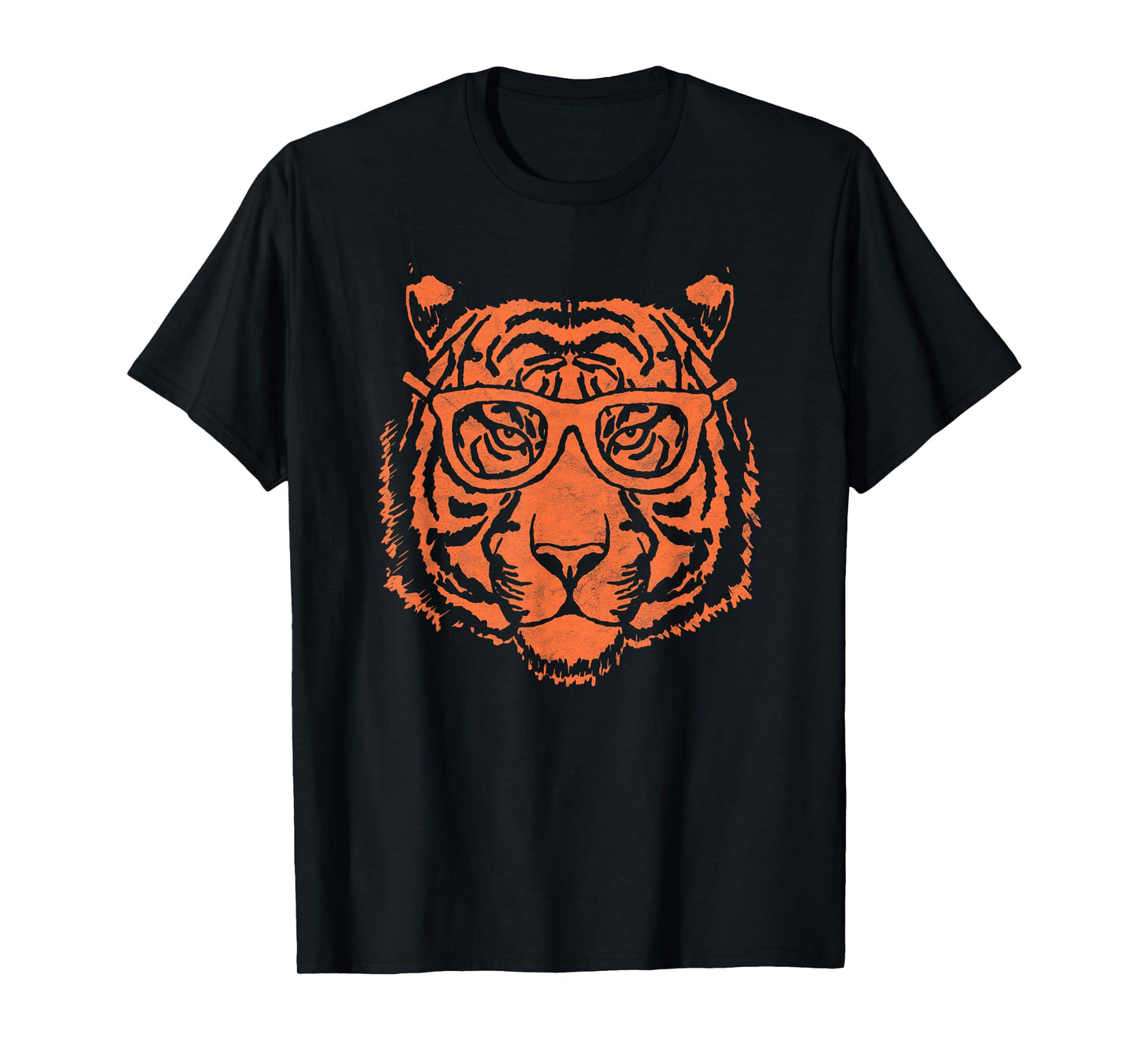 Artistic Orange Tiger Head & Hipster Glasses Funny Graphic T-Shirt