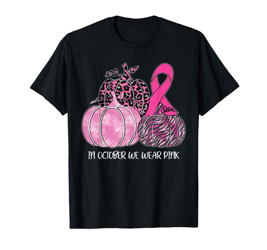In October We Wear Pink Ribbon Pumpkin Breast Cancer T-Shirt
