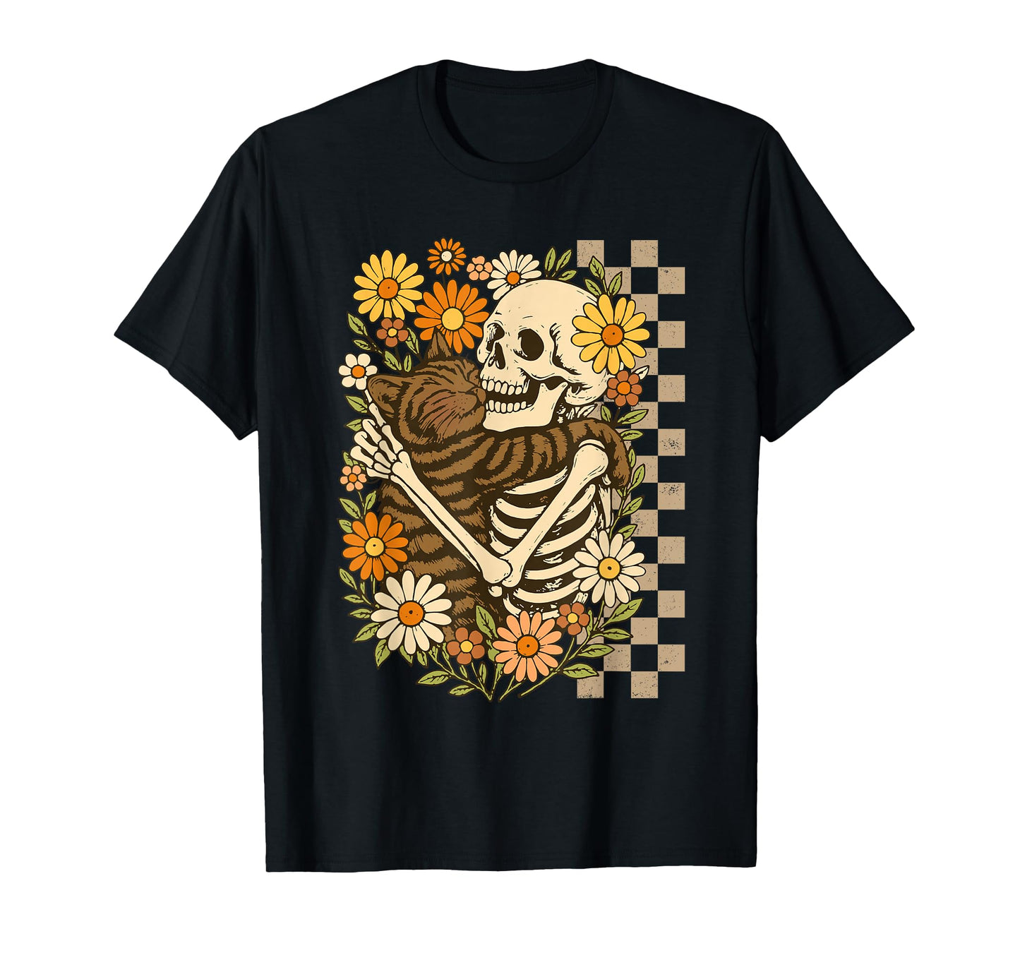 Floral Skeleton Hugging Cat Halloween Cat Lover Cat Mom Dad T-Shirt