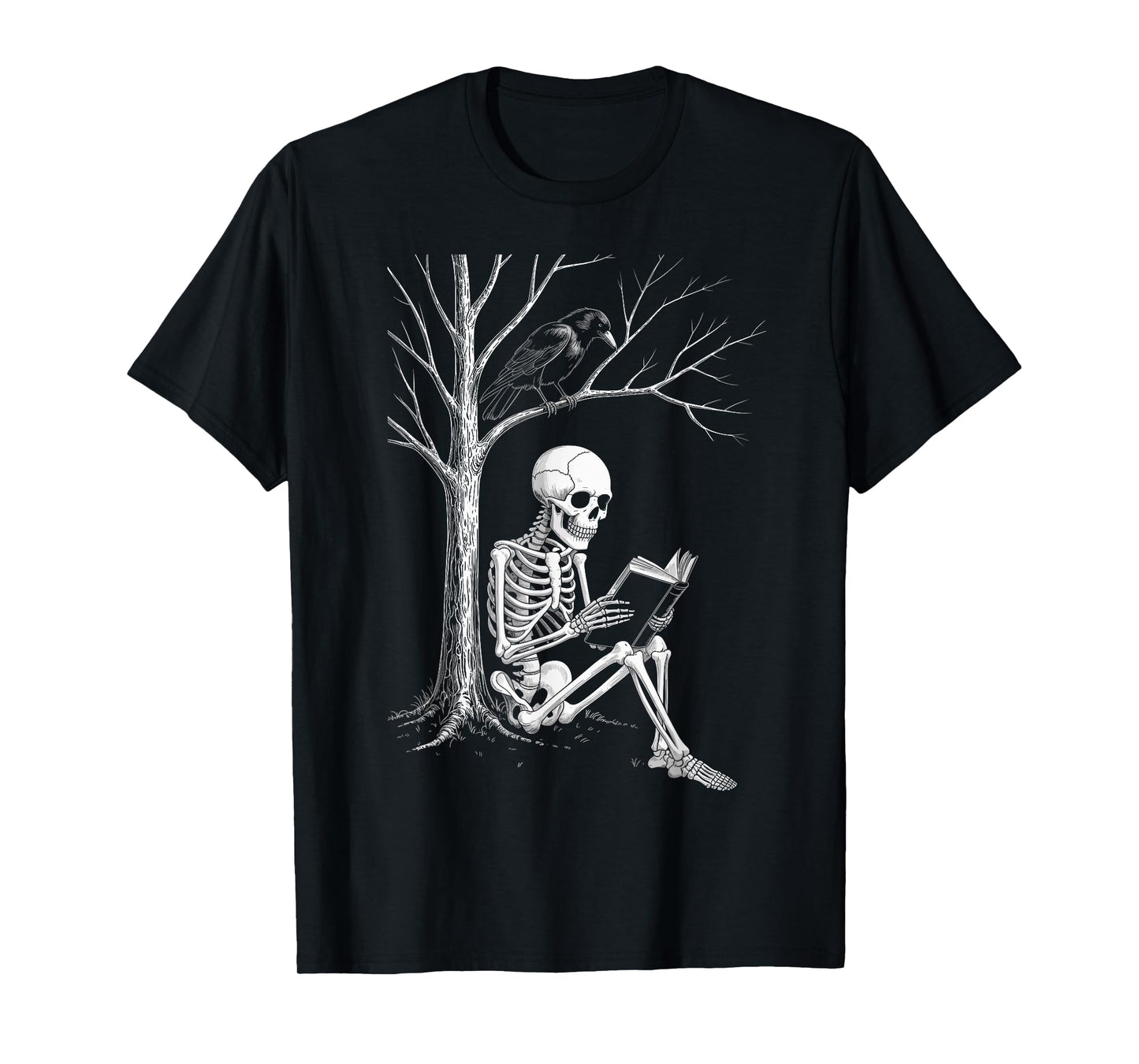 Spooky Skeleton Reading Book Halloween Tree Crow T-Shirt