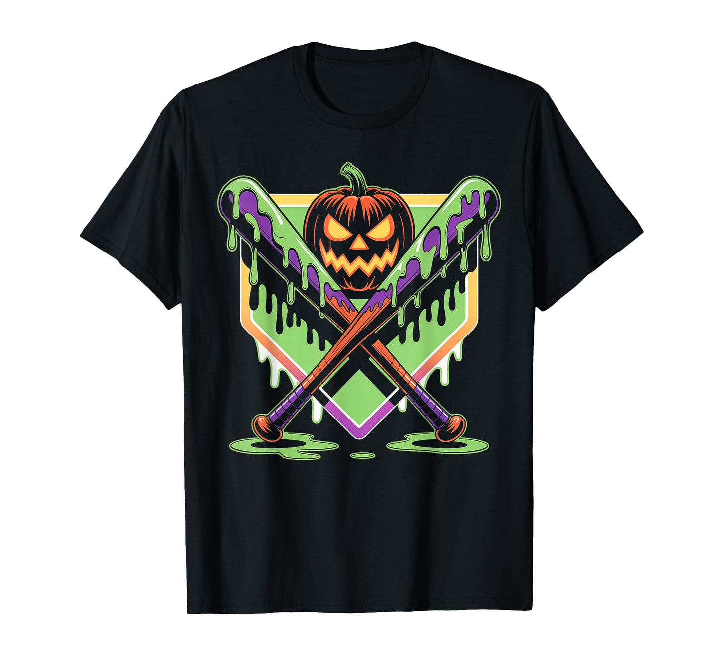Halloween Pumpkin Baseball Crossed Bats Dripping Horror T-Shirt