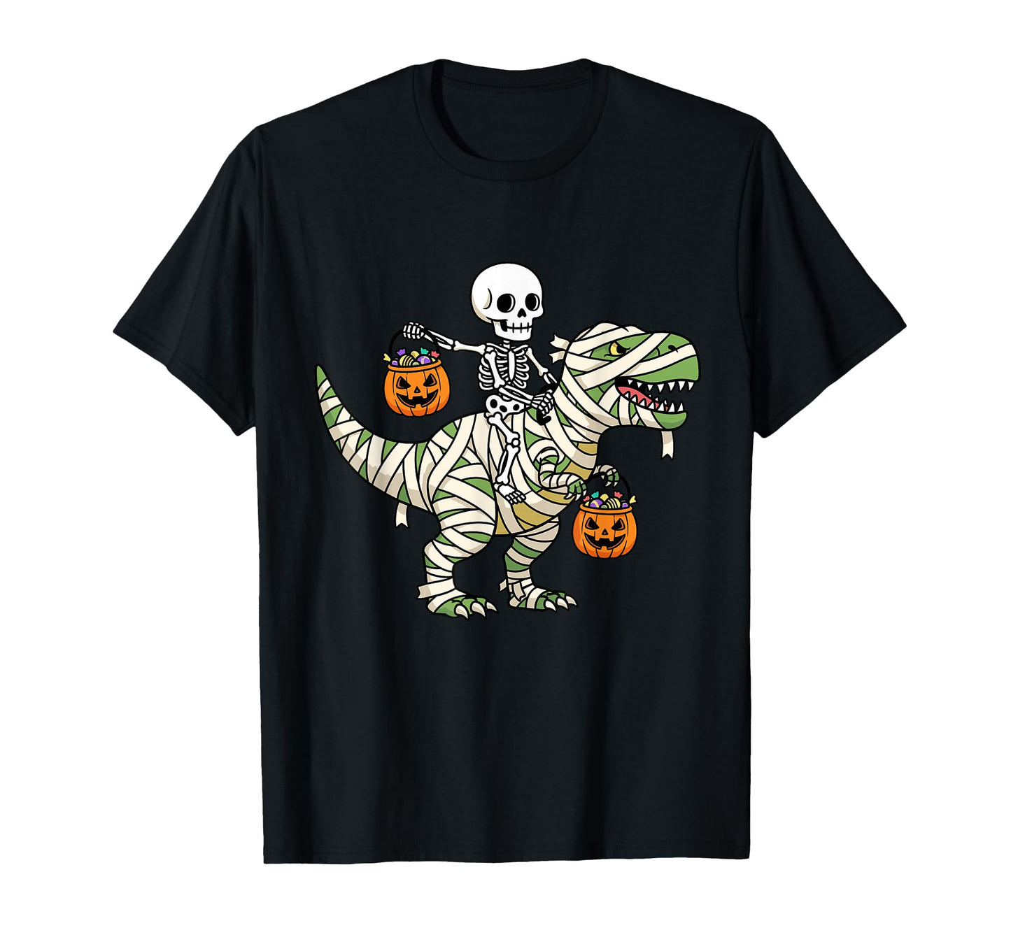 Skeleton Riding Mummy Dinosaur T-Rex Funny Halloween Pumpkin T-Shirt