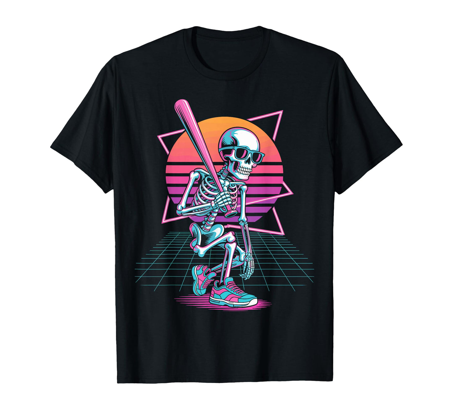 Retro 80s Skeleton Baseball Graphic Halloween Vaporwave T-Shirt
