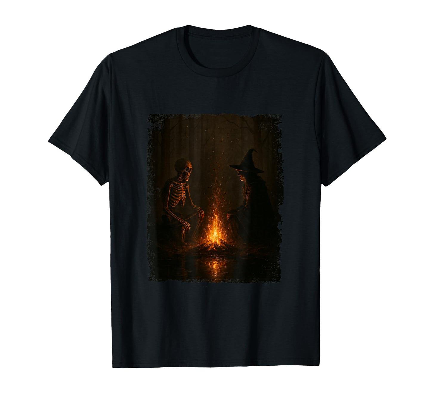 Witch and Skeleton by Fire Camping Gothic Halloween Night T-Shirt