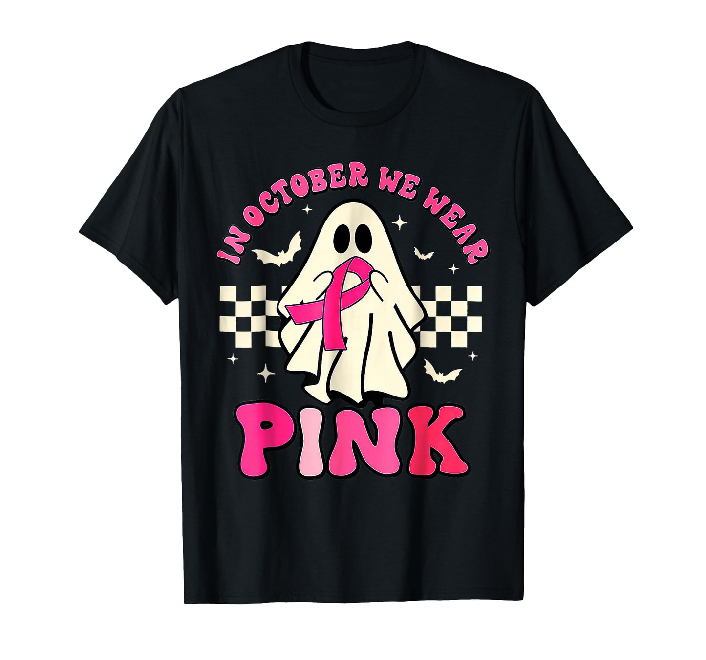 Groovy We Wear Pink Breast Cancer Awareness Ghost Halloween T-Shirt