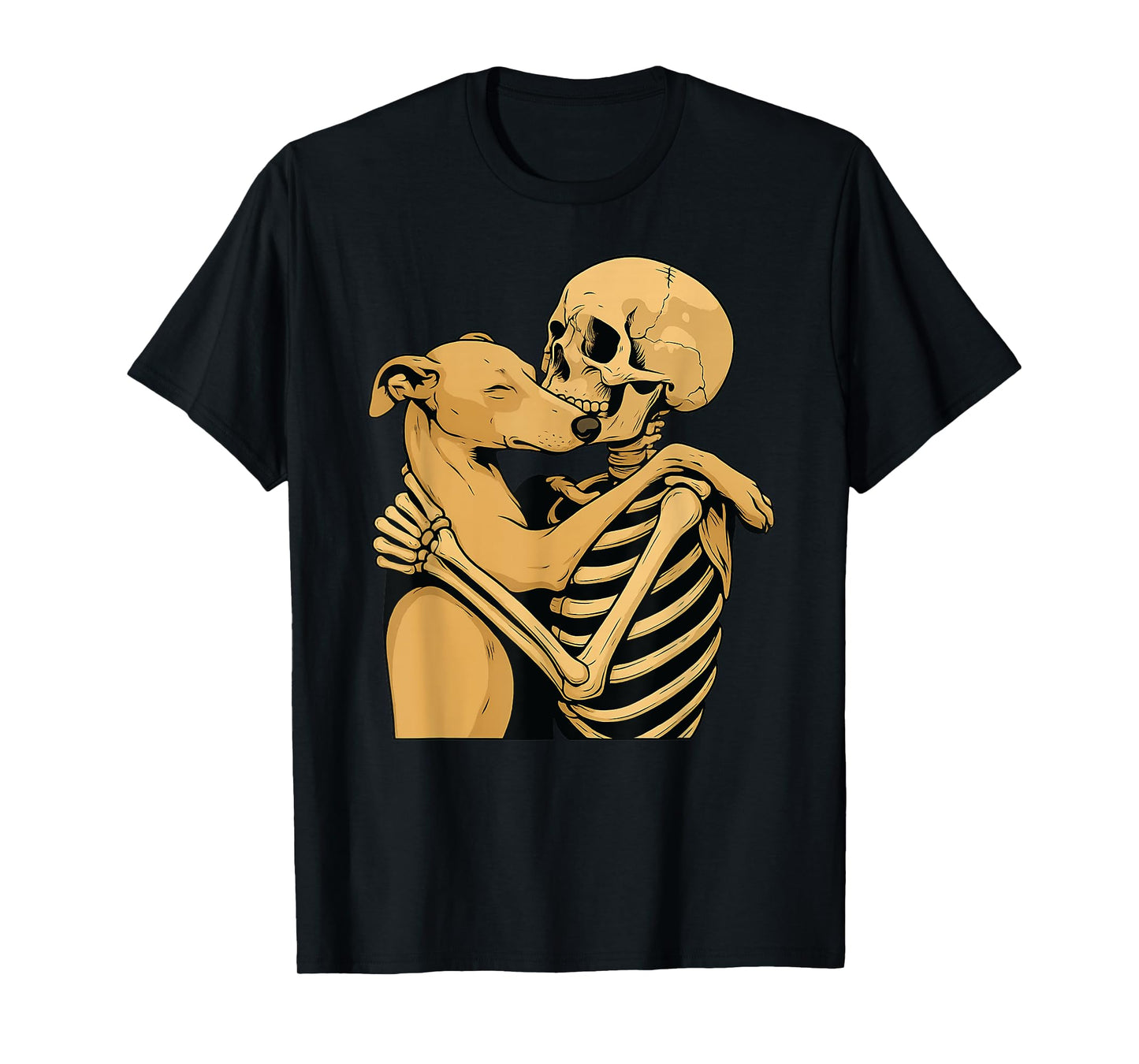Skeleton Hugging Whippet Dog Halloween T-Shirt