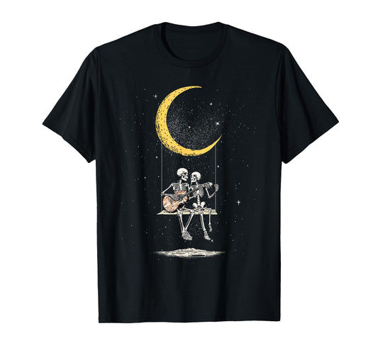 Skeleton Couple Matching Moon Swing Guitar Lover Halloween T-Shirt