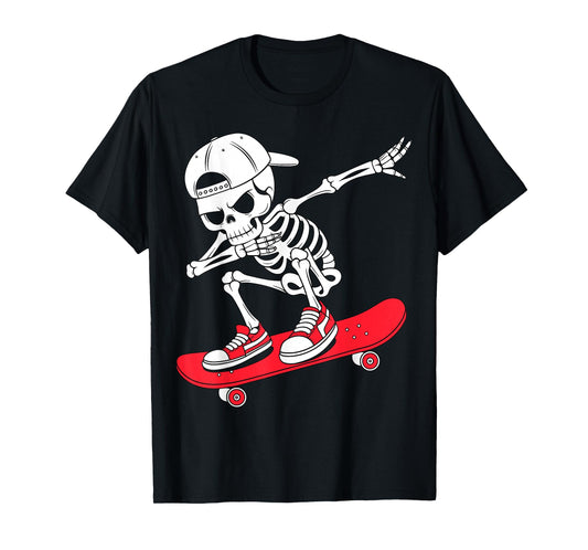 Dabbing Skeleton On Skateboard Cool Skater Funny Halloween T-Shirt