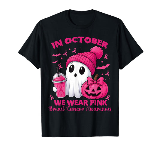 Breast Cancer Halloween Women in October We Wear Pink Bow T-Shirt