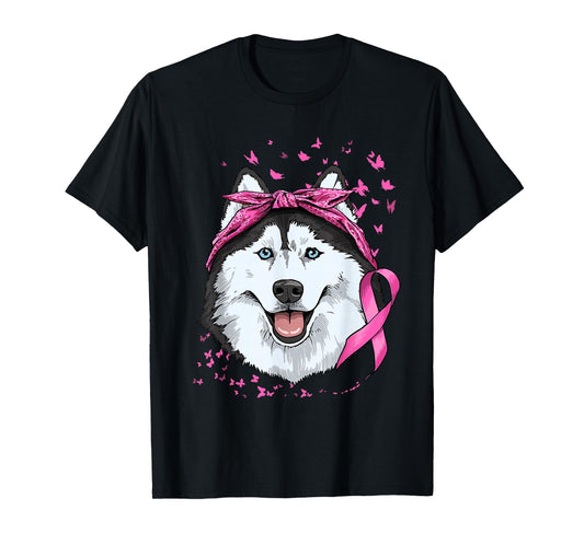 Siberian Husky Pink Ribbon Breast Cancer Awareness Survivor T-Shirt