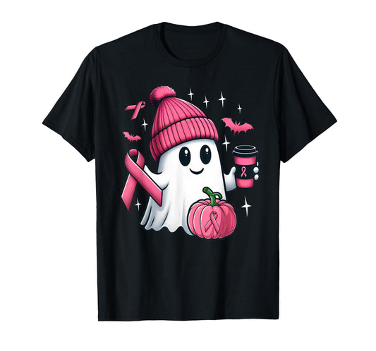 Cute Ghost Drinking Coffee Halloween Breast Cancer Awareness T-Shirt