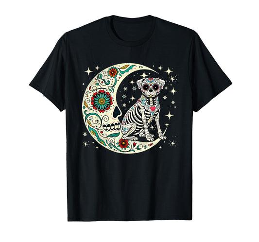 Dia De Los Muertos Halloween Moon Floral Skeleton Pug T-Shirt