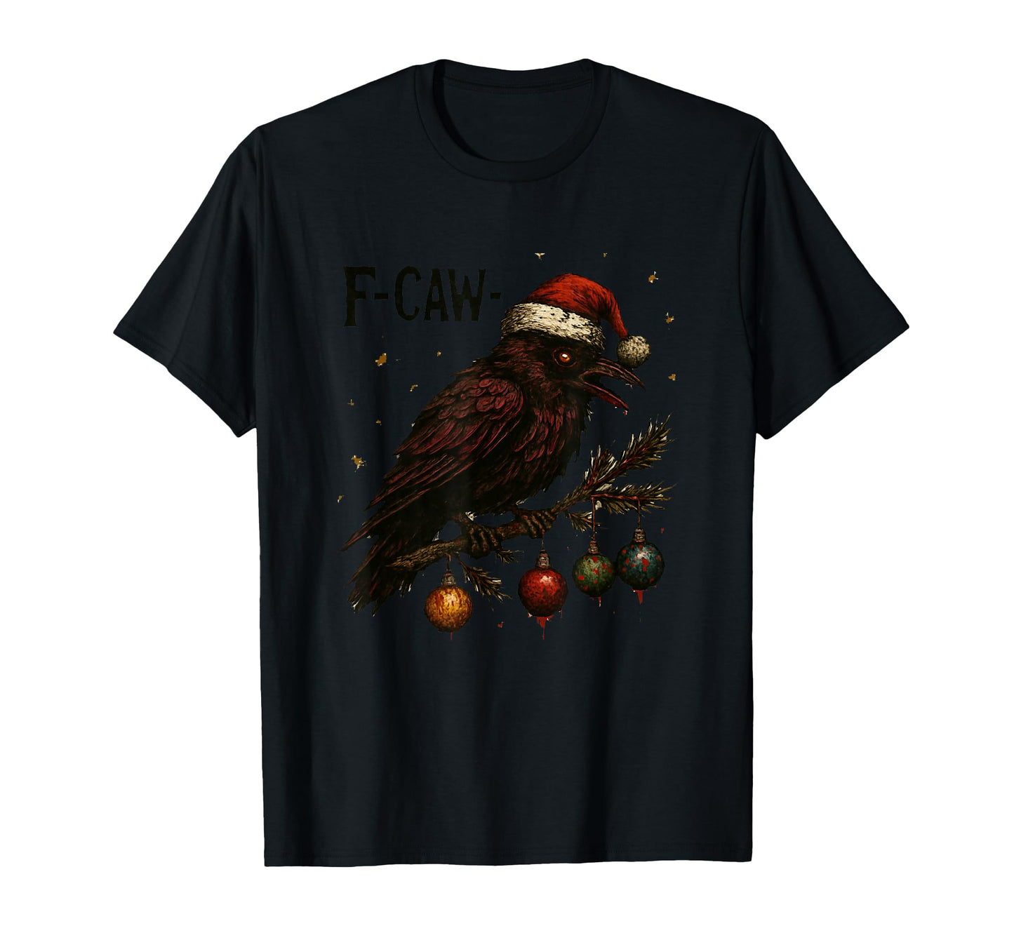 Black Crow F-Caw-F Funny Retro Christmas Lights Santa hat T-Shirt