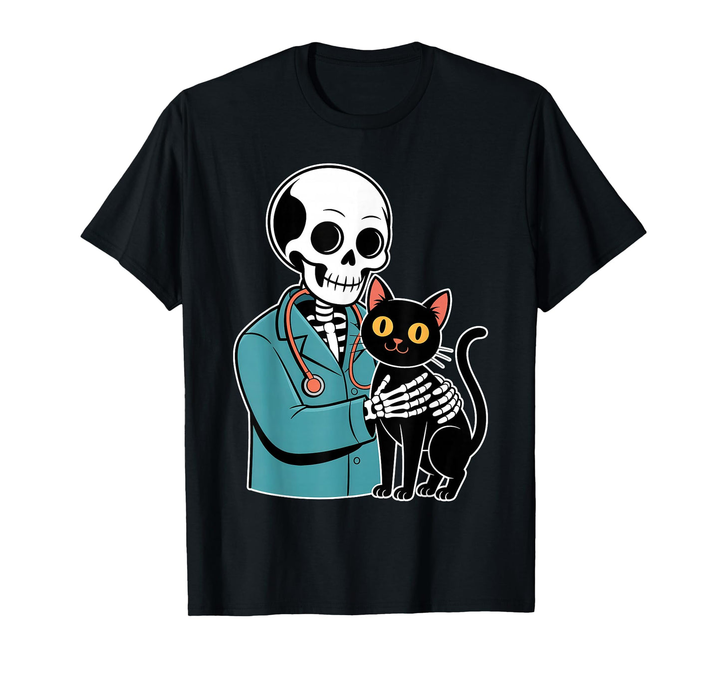 Skeleton Hugging Cat Funny Vet Cat Lover Halloween Men Women T-Shirt