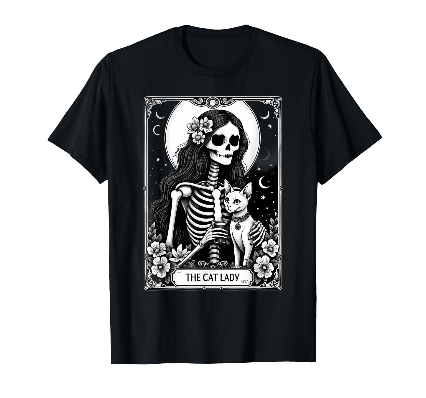 Gothic Tarot Card Cat Lady Skeleton Coffee T-Shirt