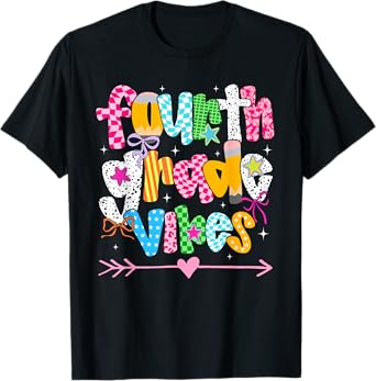Back To School Groovy Teacher Fourth Grade Vibes Smile Face T-Shirt