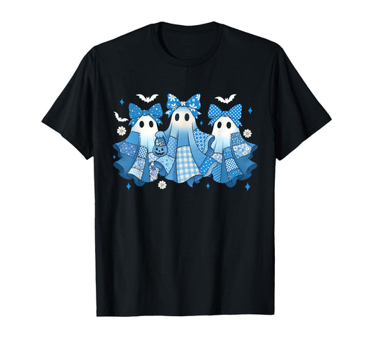 Demin Patchwork Cute Ghost Spooky Season Happy Halloween T-Shirt