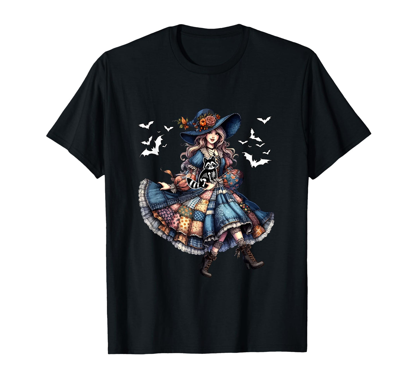 Floral Witch Hugging Raccoon Cosplay Skeleton Halloween T-Shirt