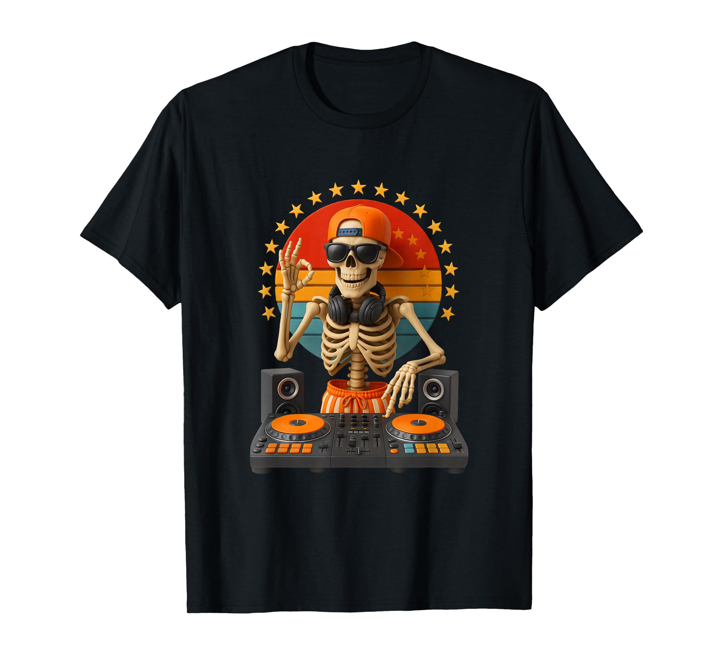Skeleton Dj Mixing Turntable Music Sunset Halloween Party T-Shirt