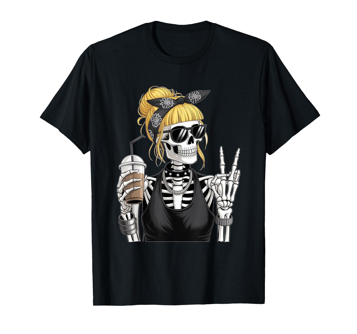 Skeleton Girl Drinking Coffee Peace Sign Graphic for Women T-Shirt