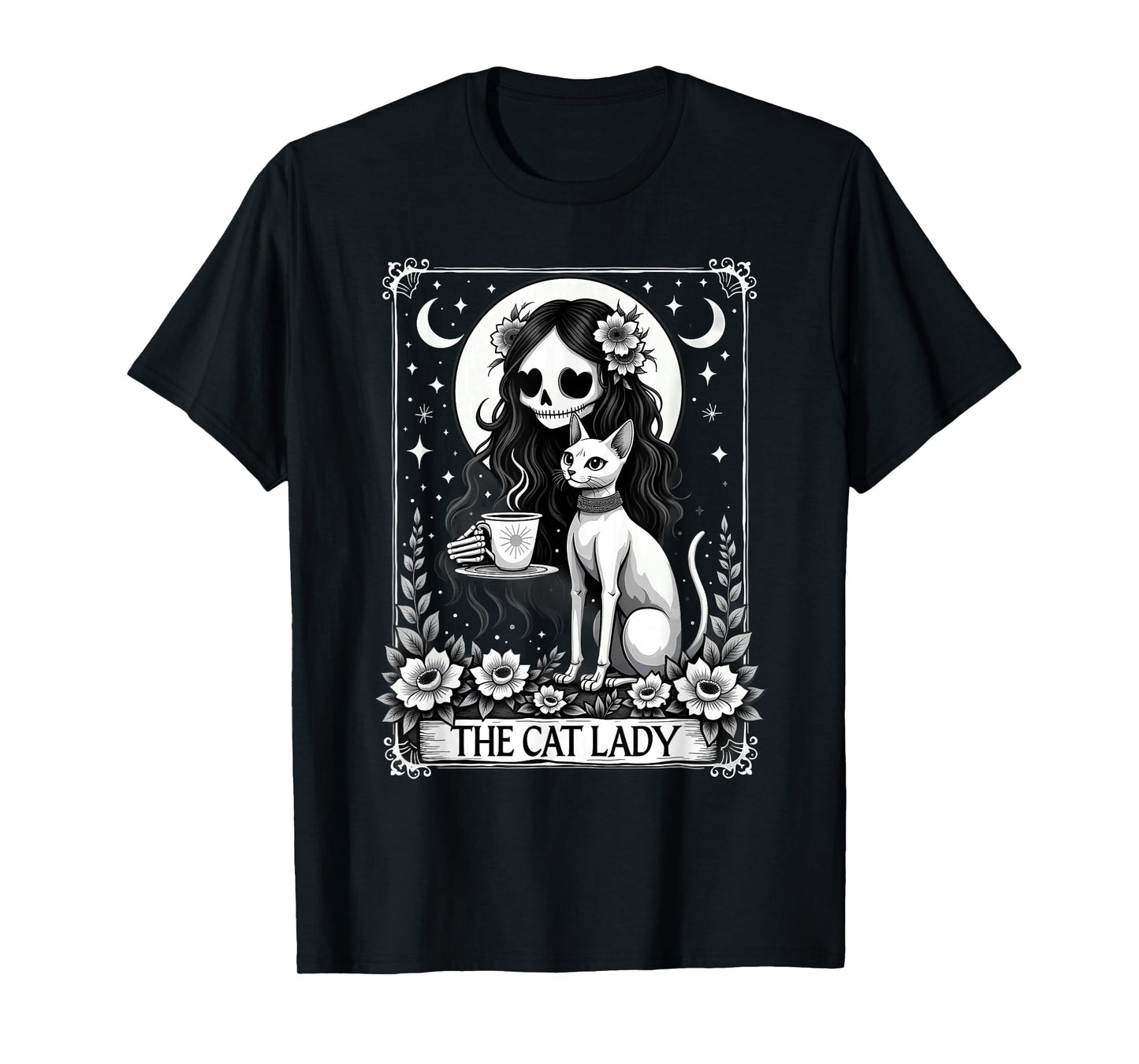Gothic Tarot Card Cat Lady Skeleton Coffee T-Shirt