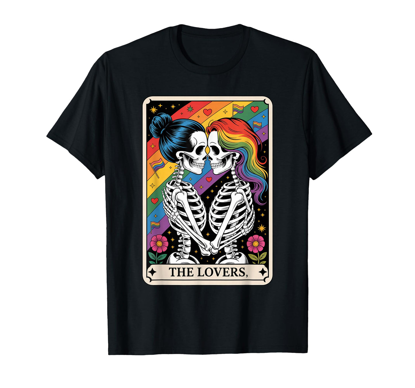 Tarot Card The Lovers Rainbows Kissing Lesbian Skeletons T-Shirt