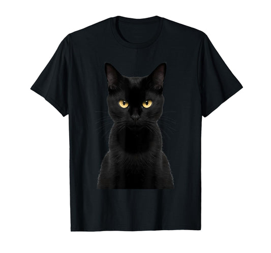 Black Cat Yellow Eyes Angry Cat Funny Staring Cat Halloween Men Women Kids T-Shirt