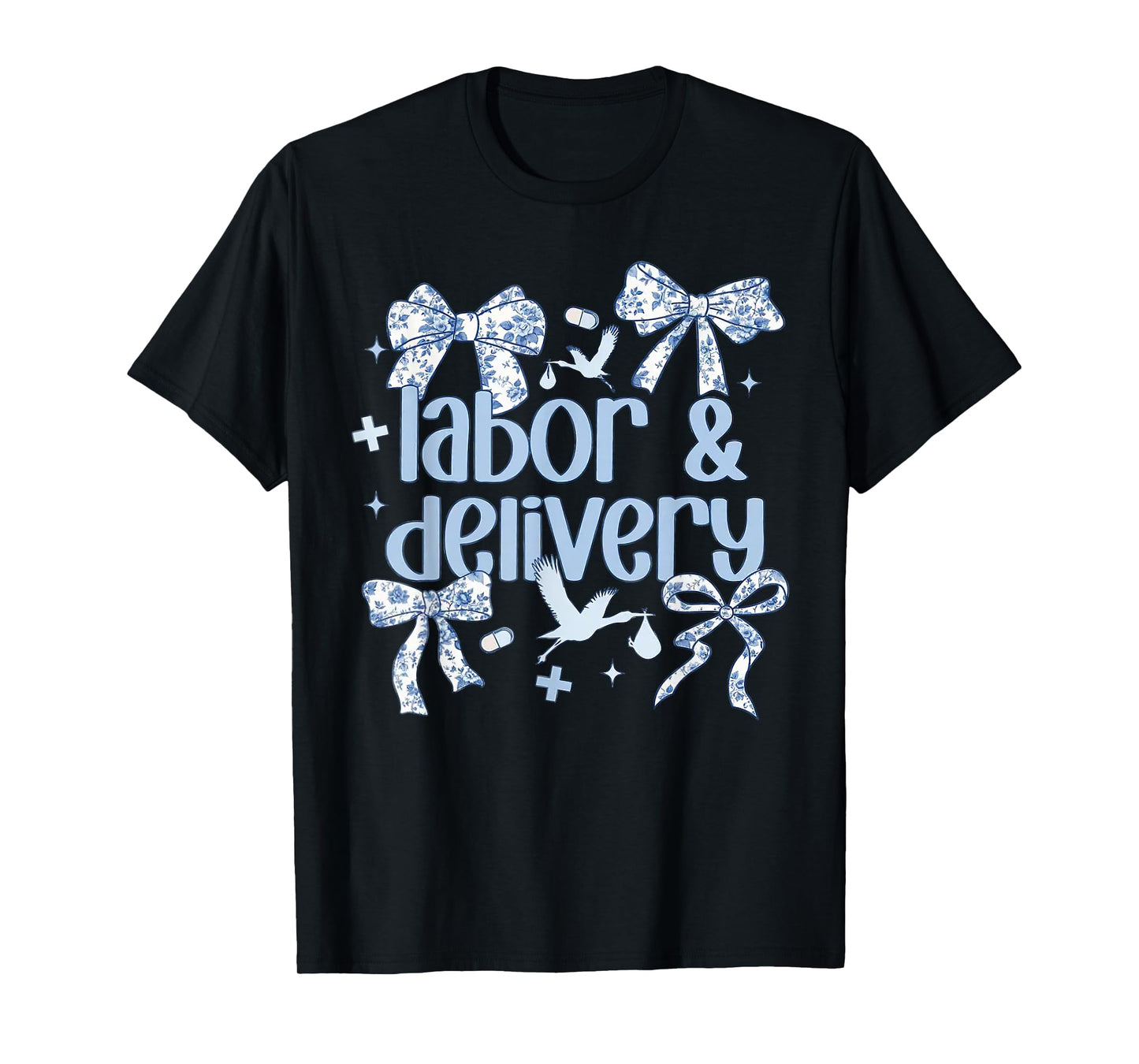 Labor and Delivery Nurse Blue Toile Coquette Bow Stork Squad T-Shirt