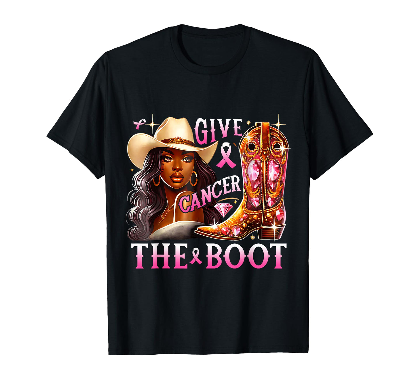 Give Cancer The Boot Breast Cancer Awareness Melanin Cowgirl T-Shirt