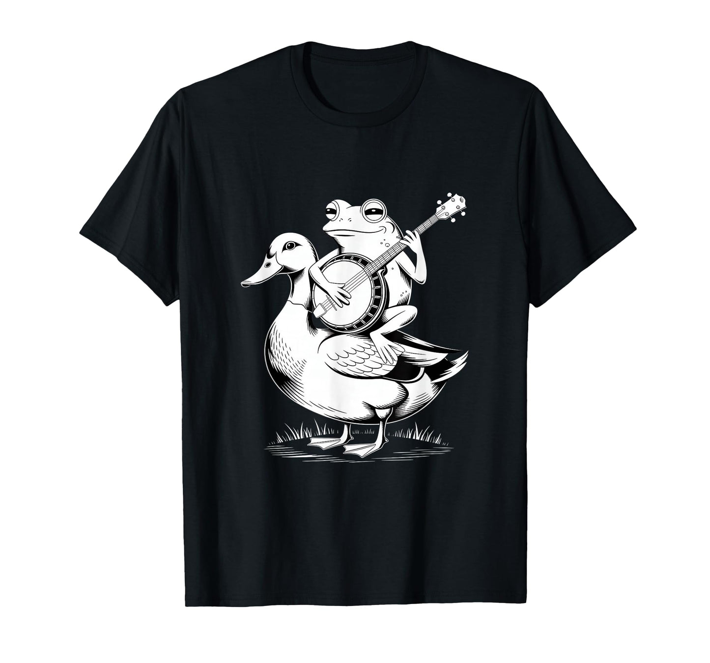 Frog Playing Banjo Riding Duck Sketch T-Shirt
