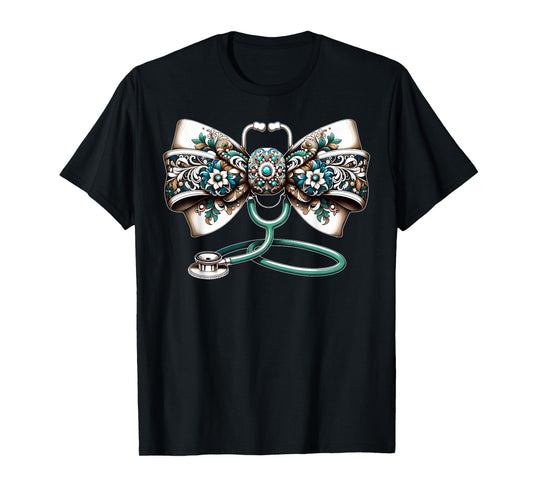 Coquette Bow Stethoscope Western Teal Turquoise RN Nurse T-Shirt